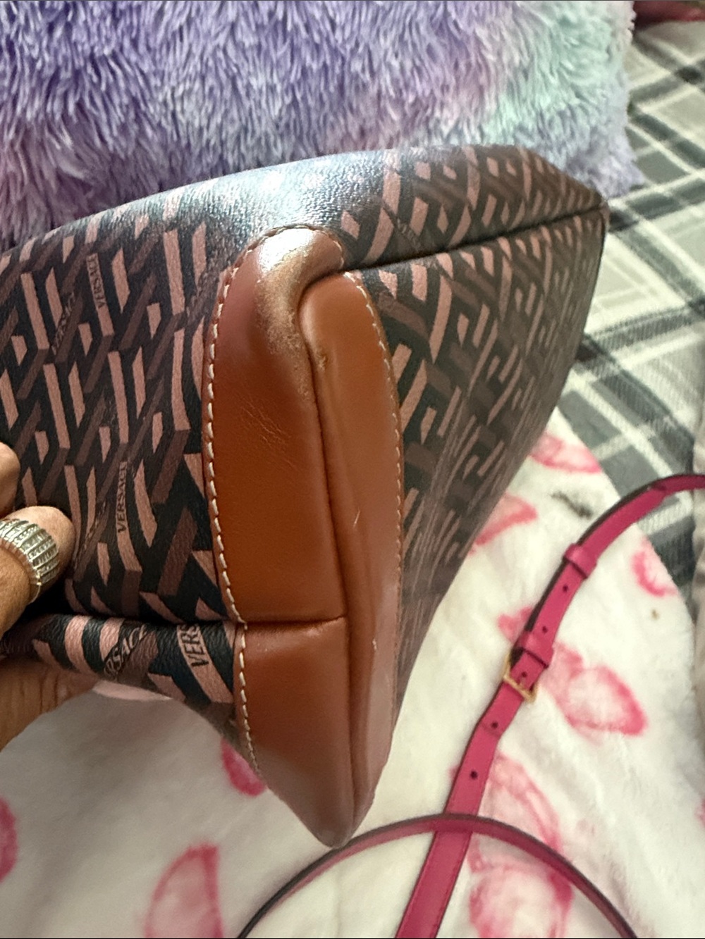 Versace Brown Tote with Neon Red Logo and Lime Accents - Picture 10 of 14